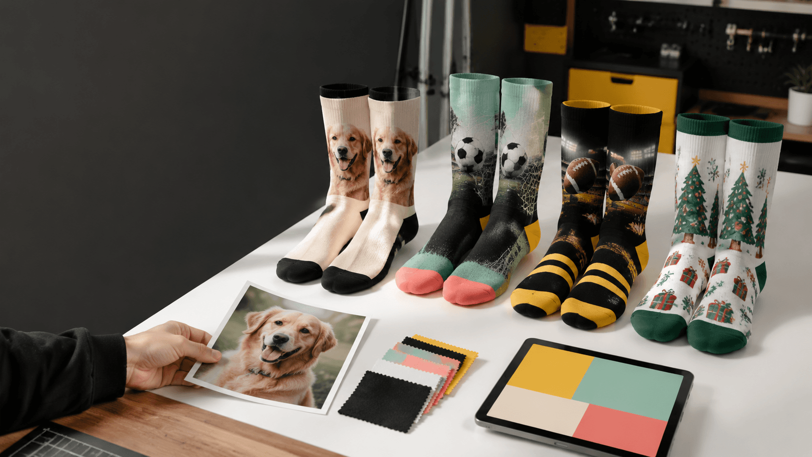 A collection of colorful custom socks for pets, sports, gifts, and holidays